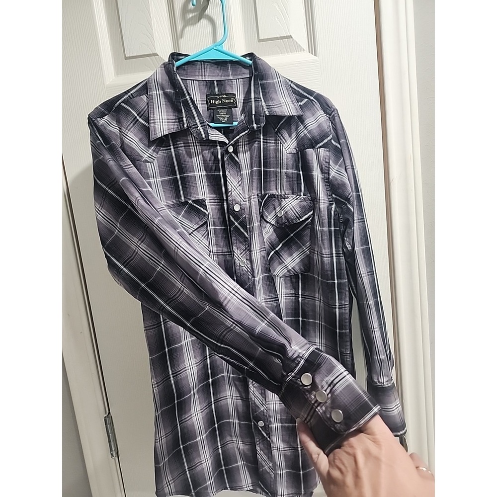 High Noon Pearl Snap Western Shirt Men's S Black Gray Plaid Rodeo Cowboy - Picture 3 of 15